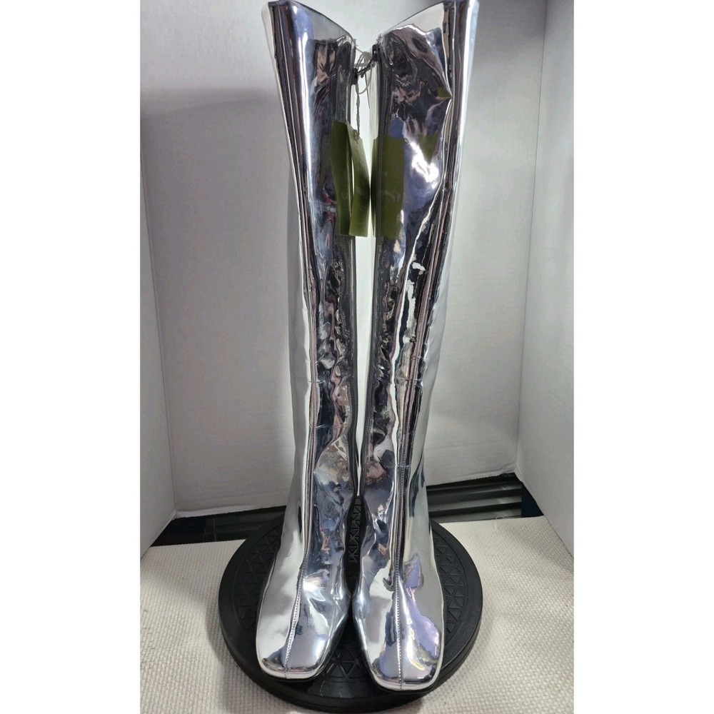 Gianni Bini Rylee Silver Knee High Block Heel Square Toe Zip Boots 8M Funky NEW - Picture 2 of 9